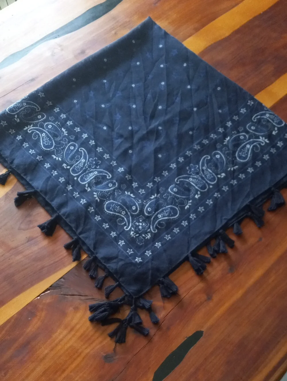 Sheer Navy Blue Paisley Square Scarf Bandana Wrap with Tassels Boho